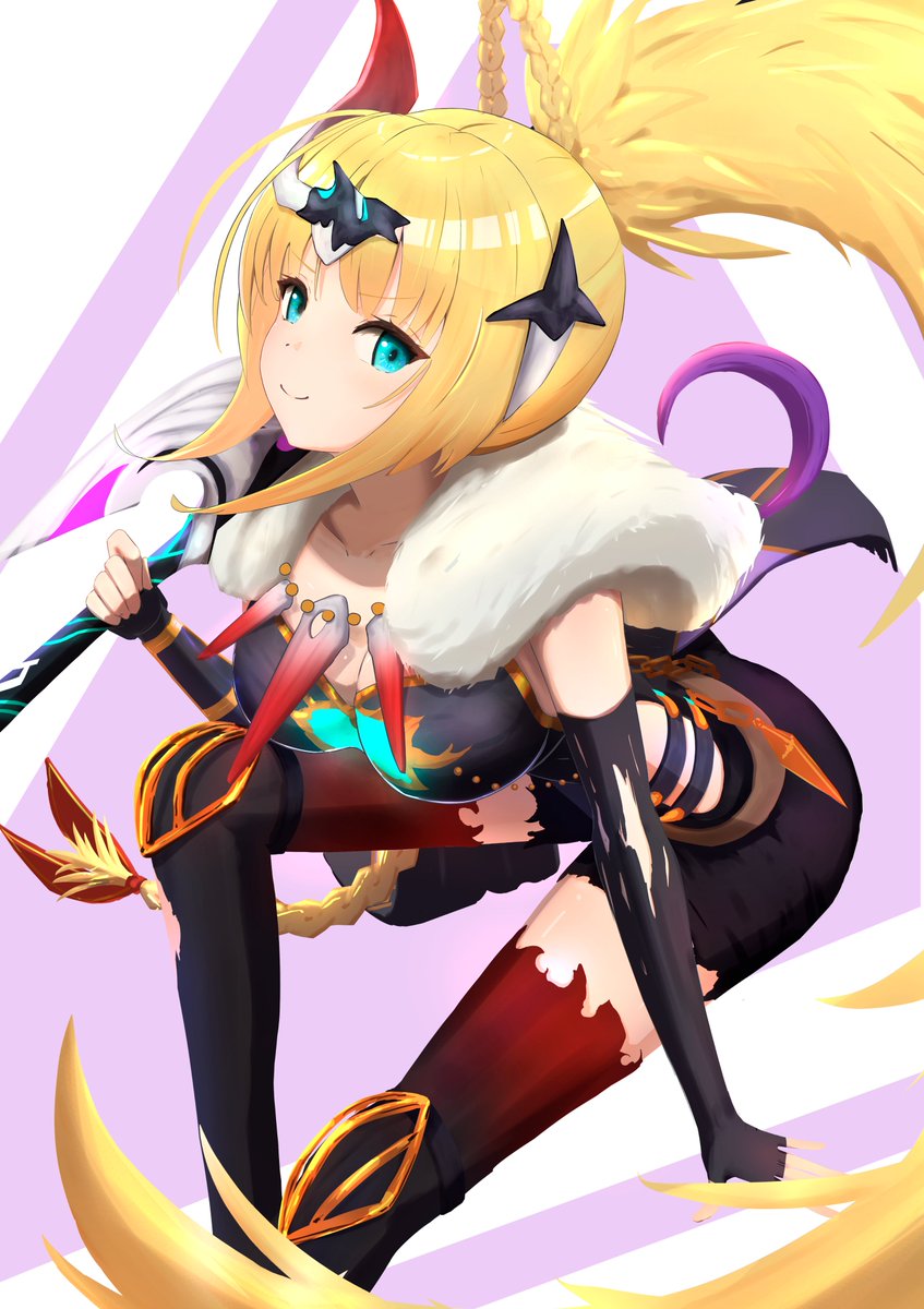 >:), 1girl, bare_shoulders, black_gloves, black_shirt, black_shorts, black_thighhighs, blue_eyes, breasts, cleavage, closed_mouth, commentary_request, elbow_gloves, feet_out_of_frame, fingerless_gloves, fur_shawl, gloves, hair_between_eyes, hair_ornament, hand_up, heaven_burns_red, highres, holding, holding_sword, holding_weapon, kanzaki_adelheid, kanzaki_adelheid_(demon_king's_beastmaster_of_calamity), large_breasts, leaning_forward, long_hair, looking_at_viewer, multicolored_thighhighs, official_alternate_costume, over_shoulder, ponytail, psy_(artist), purple_background, red_thighhighs, shawl, shirt, shorts, sidelocks, simple_background, sitting, sleeveless, sleeveless_shirt, smile, smug, solo, split_mouth, sword, sword_over_shoulder, thighhighs, two-tone_thighhighs, v-shaped_eyebrows, very_long_hair, weapon, weapon_over_shoulder, zettai_ryouiki