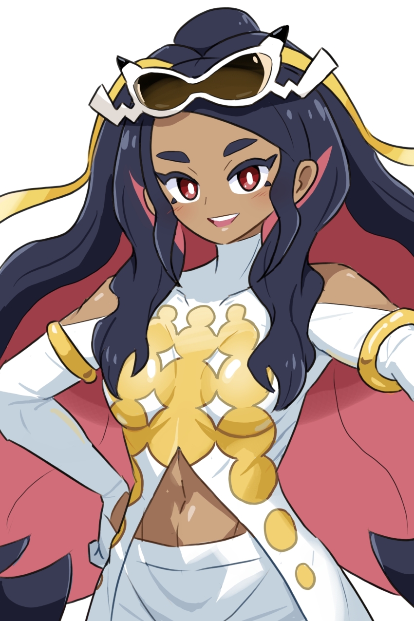 1girl, :d, black_hair, bright_pupils, caraway_(pokemon), colored_inner_hair, commentary_request, covered_collarbone