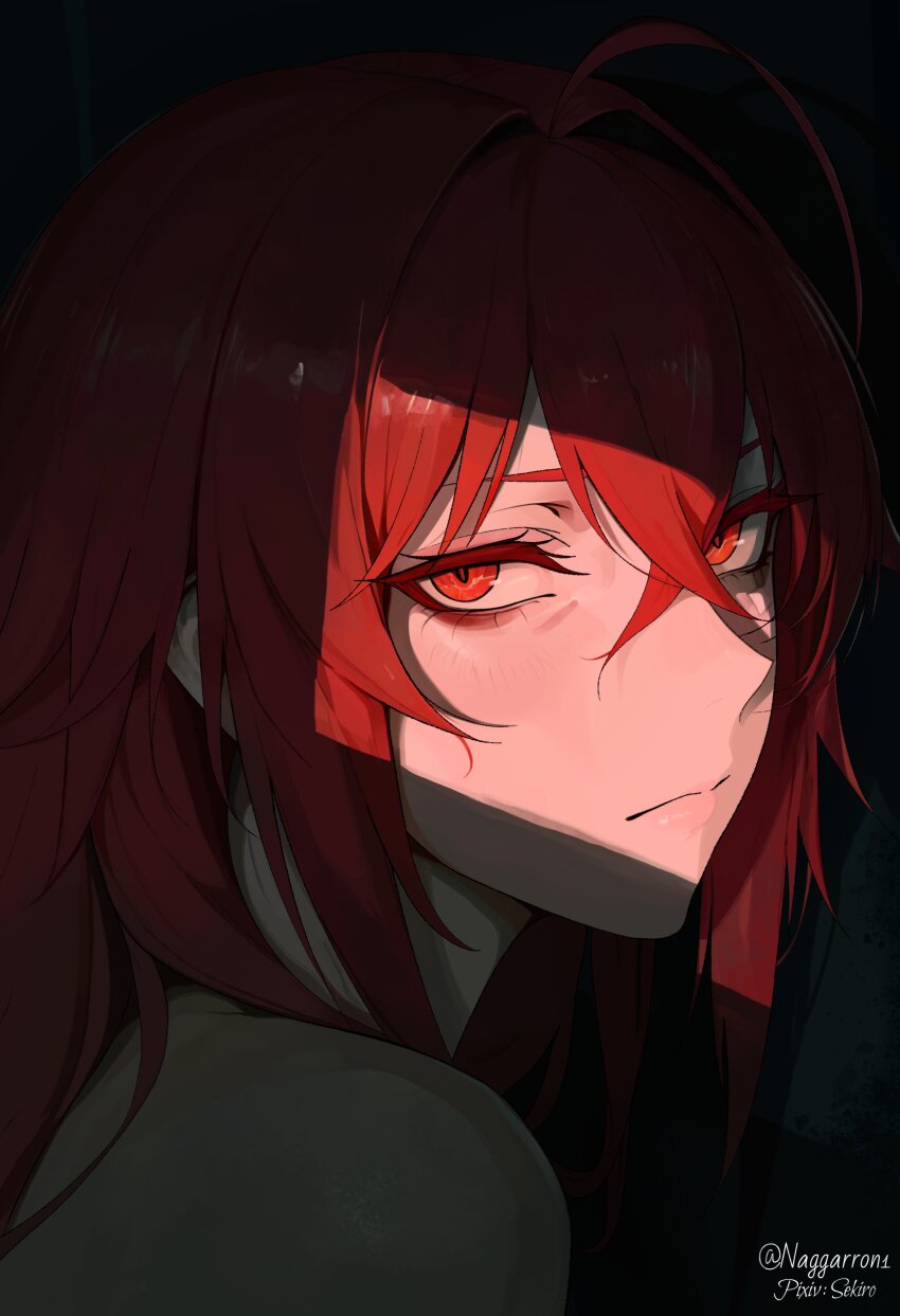 1girl, absurdres, artist_name, close-up, closed_mouth, crossed_bangs, darkness, expressionless