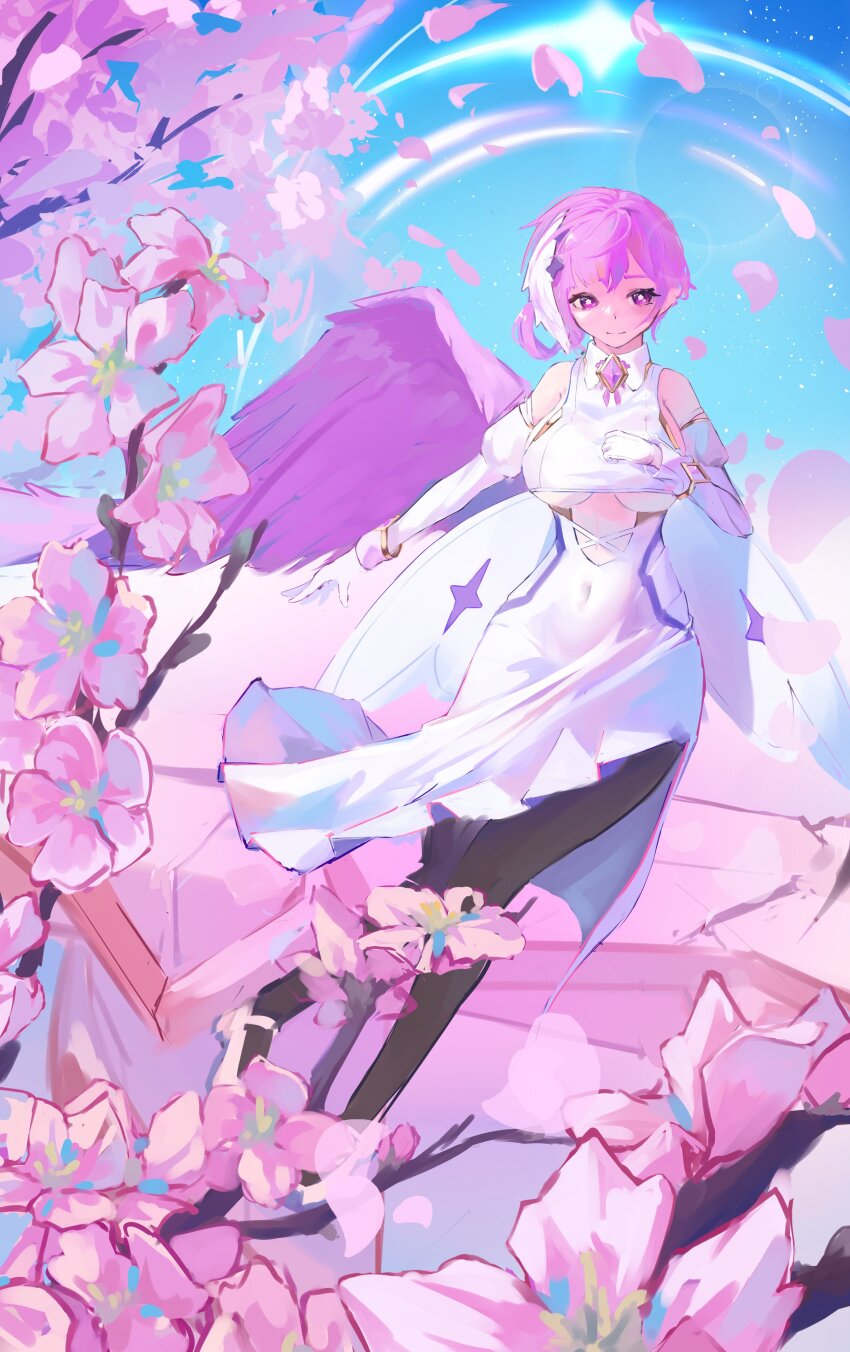 1girl, absurdres, black_pantyhose, blue_sky, breasts, chaos_zero_nightmare, cherry_blossoms, commentary, diana_(chaos_zero_nightmare), dress, falling_petals, flower-shaped_pupils, gerxest, gloves, highres, large_breasts, multicolored_hair, pantyhose, petals, pink_hair, pink_wings, purple_eyes, short_hair, sky, solo, symbol-shaped_pupils, two-tone_hair, underboob, white_dress, white_gloves, white_hair, wings