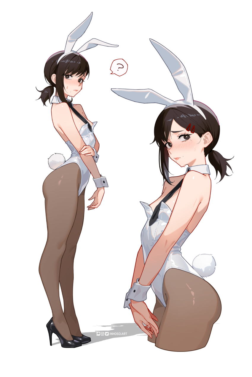 1girl, ?, animal_ear_hairband, animal_ears, bare_arms, bare_shoulders, black_necktie, black_shoes, blush, brown_pantyhose, chainsaw_man, closed_mouth, commentary, detached_collar, english_commentary, fake_animal_ears, fake_tail, figure-referenced, flat_chest, from_side, hairband, higashiyama_kobeni, high_heels, highres, inhoso, leotard, low_ponytail, mole, mole_under_mouth, necktie, pantyhose, playboy_bunny, ponytail, rabbit_ear_hairband, rabbit_ears, rabbit_girl, shoes, sweatdrop, tail, white_hairband, white_leotard, wrist_cuffs