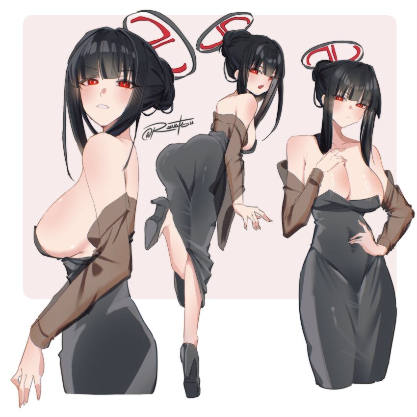 1girl, absurdres, ass, black_hair, blue_archive, blush, breasts, cleavage