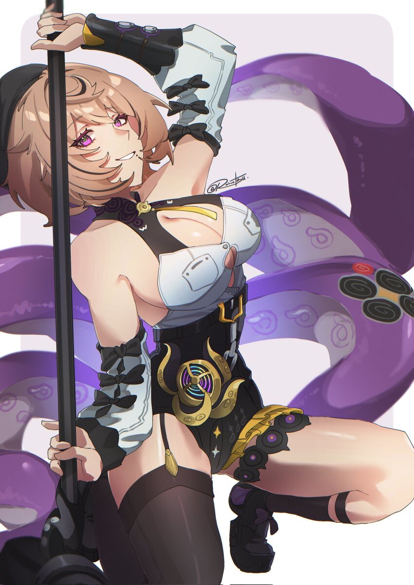 1girl, beret, black_boots, black_shorts, black_thighhighs, boots, border, brown_hair