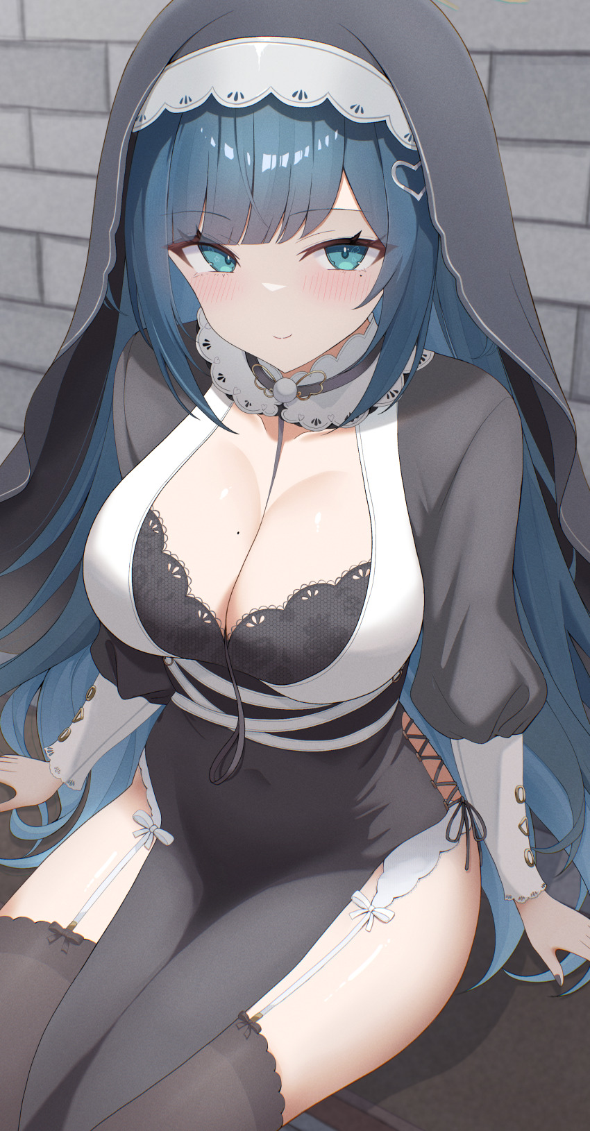 1girl, absurdres, amano_nene_(nun)_(vtuber), amano_nene_(vtuber), black_bra, black_dress, black_nails, black_thighhighs