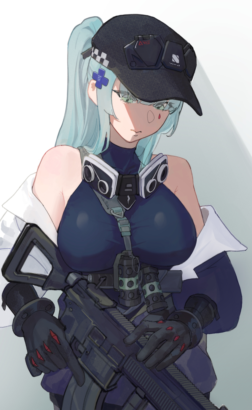 1girl, absurdres, aqua_hair, assault_rifle, bare_shoulders, baseball_cap, between_breasts, black_gloves
