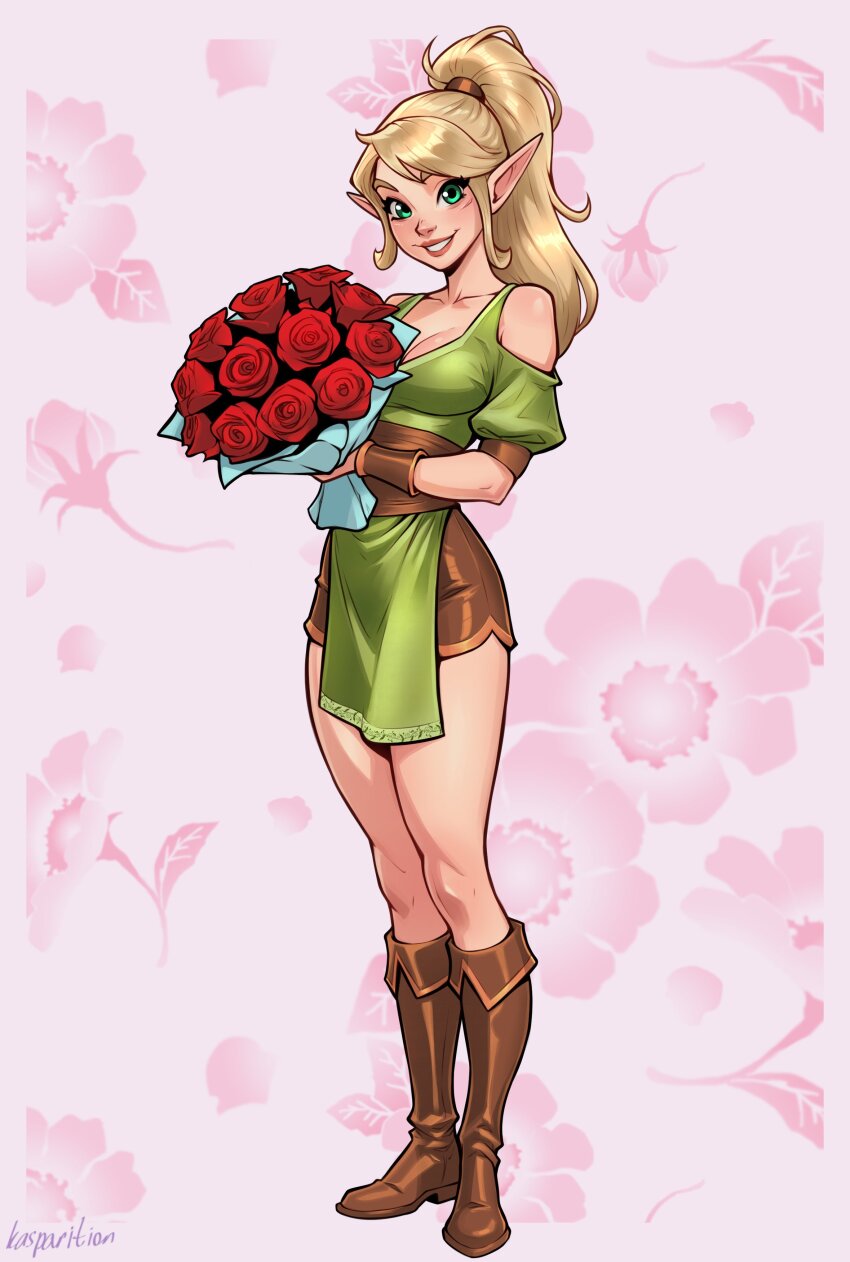 1girl, absurdres, artist_name, asymmetrical_bangs, bare_legs, blonde_hair, boots, bouquet