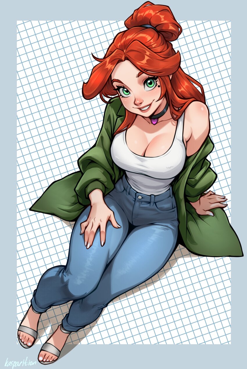 1girl, absurdres, arm_support, artist_name, black_choker, body_blush, border, breasts