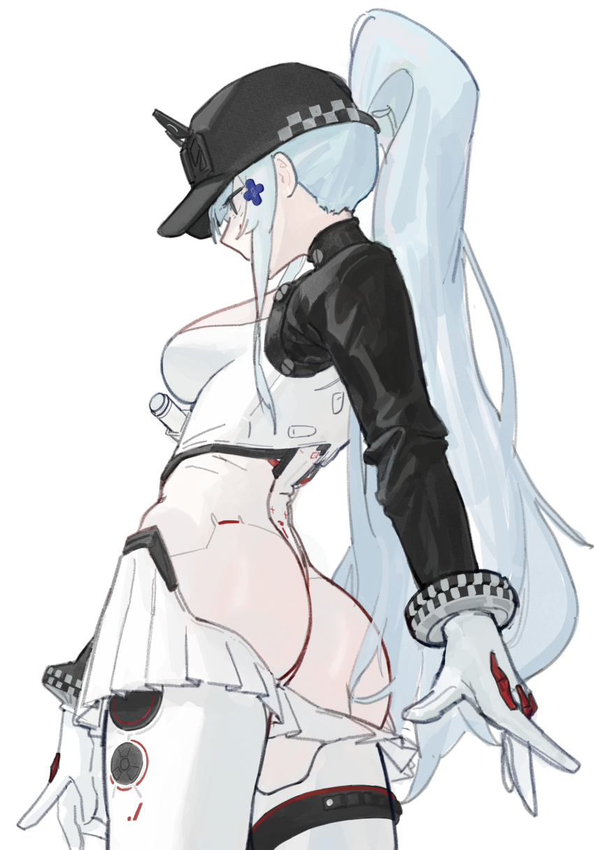 1girl, absurdres, aqua_hair, ass, assless_skirt, baseball_cap, black_hat, black_shrug