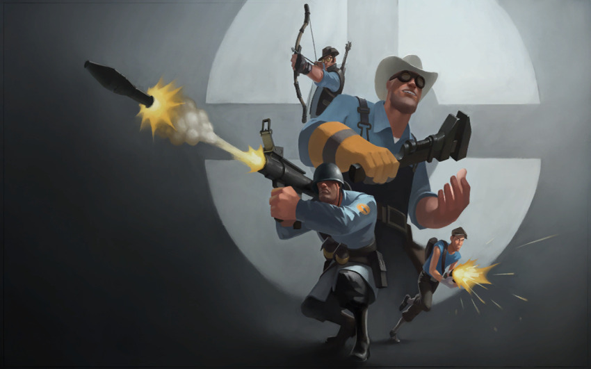 4boys, arrow_(projectile), black_boots, blu_engineer_(tf2), blu_scout_(tf2), blu_sniper_(tf2), blu_soldier_(tf2), blue_coat, blue_shirt, boots, bow_(weapon), coat, collared_shirt, combat_helmet, cowboy_hat, engineer_(tf2), explosive, firing, game_cg, gloves, goggles, grenade, grey_pants, gun, hat, helmet, holding, holding_bow_(weapon), holding_gun, holding_rocket_launcher, holding_weapon, holding_wrench, huntsman_(tf2), male_focus, multiple_boys, official_art, overalls, pants, rocket, rocket_launcher, scout_(tf2), shirt, short_sleeves, single_glove, sniper_(tf2), soldier_(tf2), standing, team_fortress_2, third-party_source, weapon, white_hat, wrench, yellow_gloves