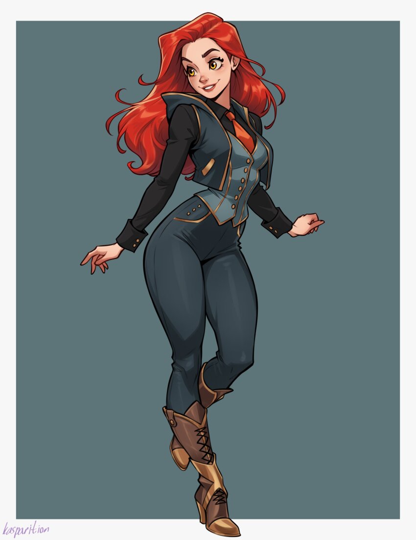 1girl, absurdres, arms_at_sides, artist_name, black_shirt, boots, border, breasts