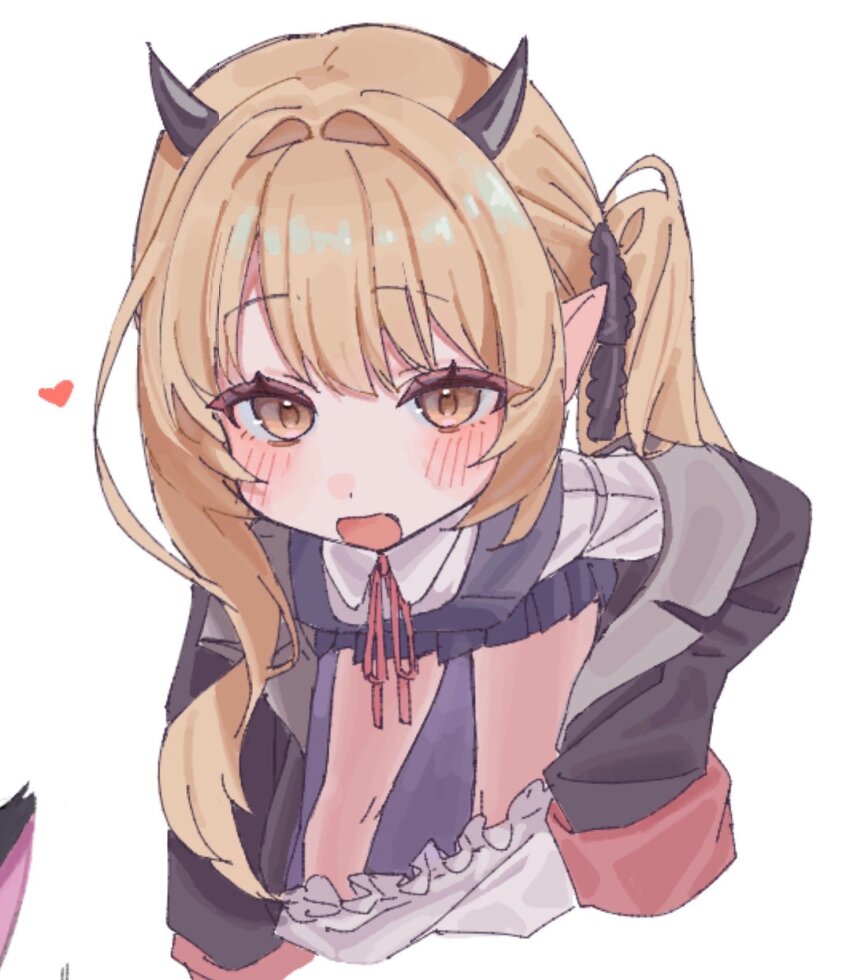 0219_142, black_jacket, blonde_hair, bloomers, bloomers_pull, blue_archive, blush, breasts, brown_eyes, hair_ribbon, heart, highres, horns, ibuki_(blue_archive), jacket, leaning_forward, loli, long_sleeves, looking_at_viewer, neck_ribbon, open_mouth, pointy_ears, ribbon, school_uniform, side_ponytail, sleeves_past_fingers, sleeves_past_wrists, small_breasts, underwear, undressing, white_background