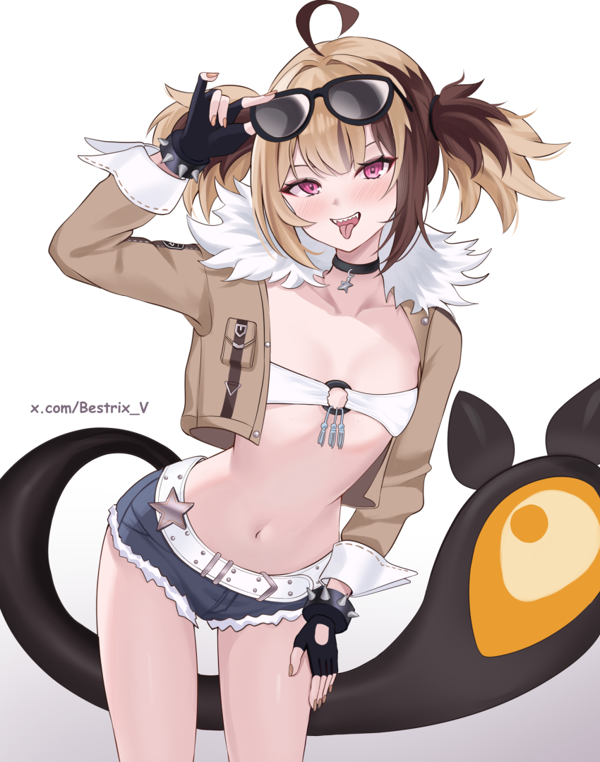 1girl, ahoge, belt, bestrix, black_gloves, blonde_hair, bracelet, brown_hair