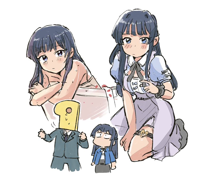 1boy, 1girl, bathtub, black_hair, black_suit, blue_eyes, blush, breasts