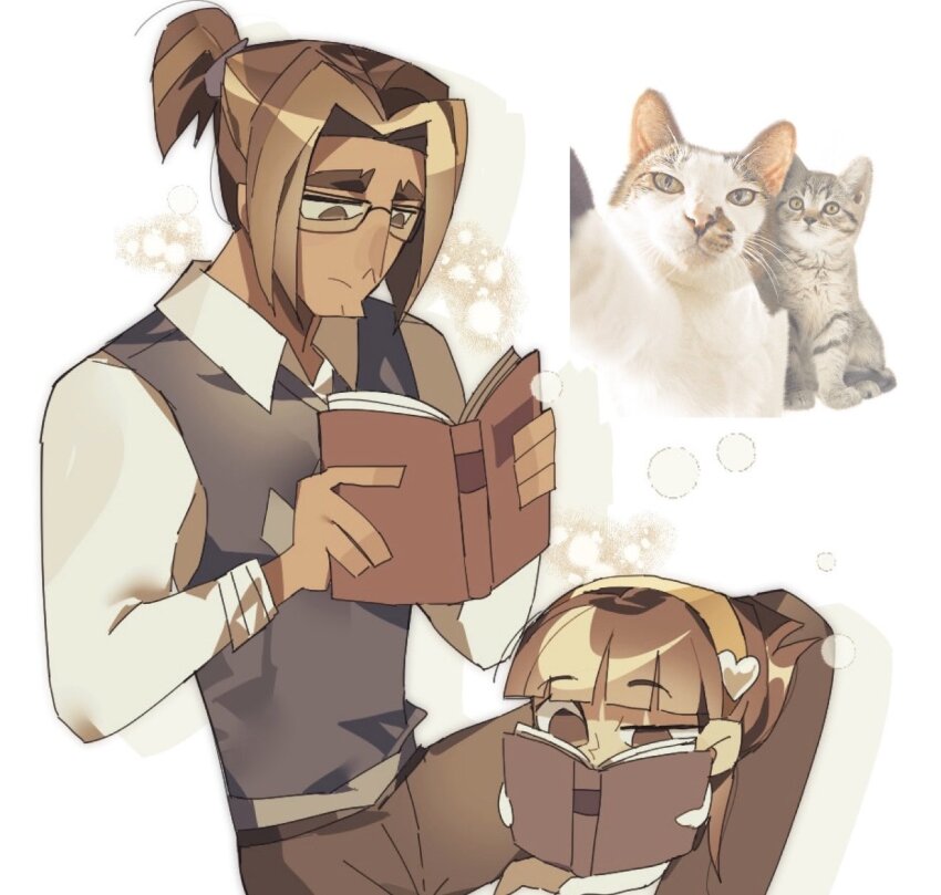 alec_(disventure_camp), blue_sweater_vest, book, brown_hair, cat, collar, disventure_camp, dokusuji_(kw9onou58)