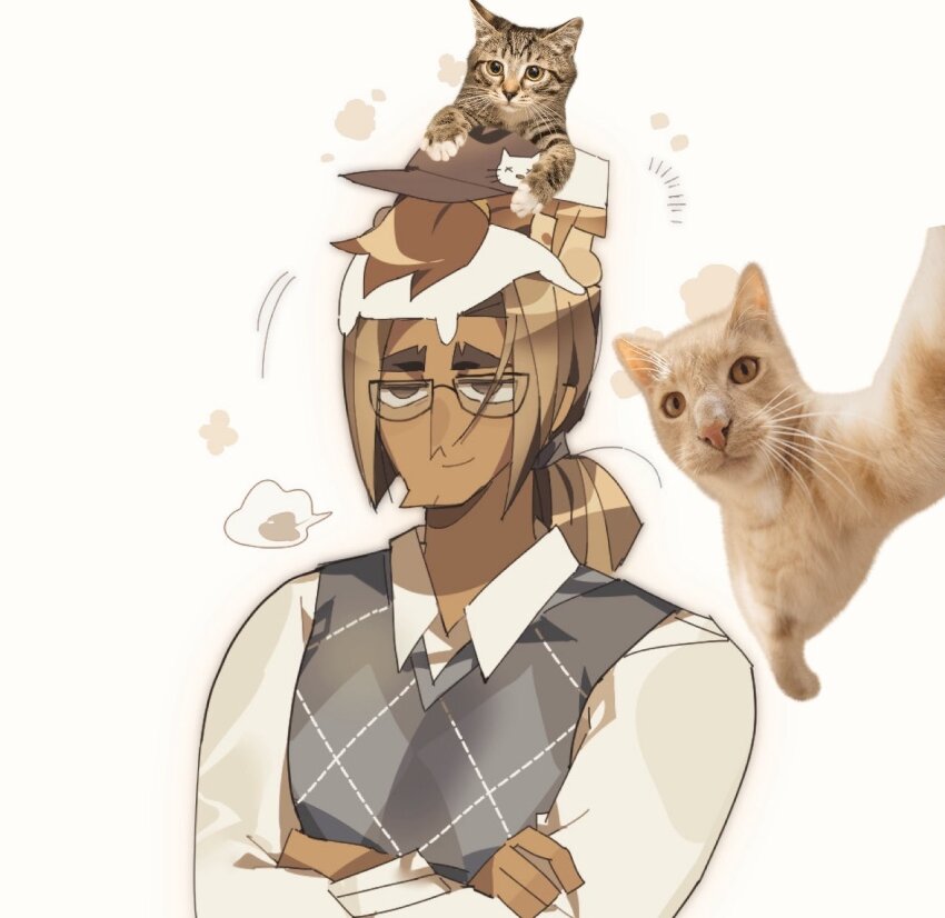 1boy, animification, blue_sweater_vest, brown_hair, cat, collar, disventure_camp, dokusuji_(kw9onou58)