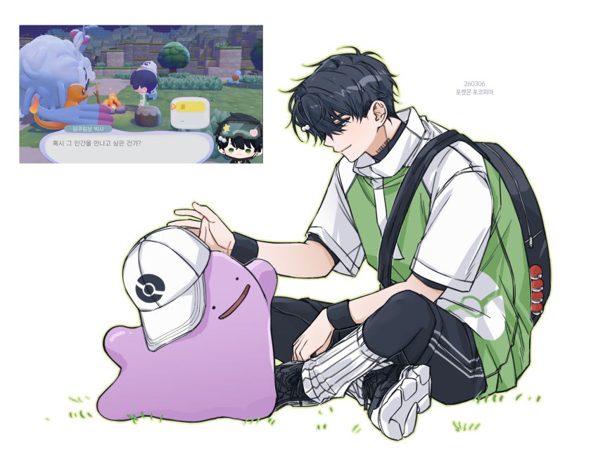 1boy, backpack, bag, barcode, barcode_tattoo, baseball_cap, black_hair, black_pants