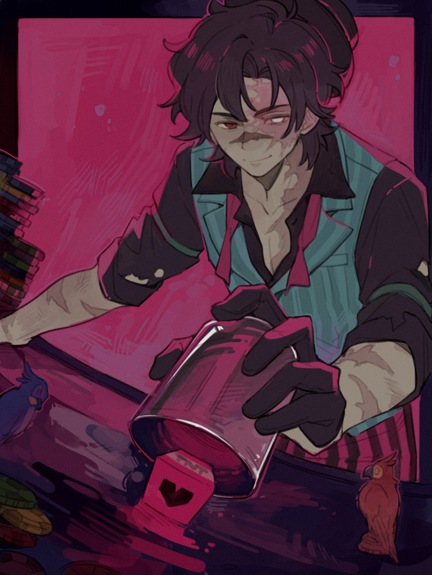 1boy, animification, bamboozlers_(wild_life_smp), bird, black_border, black_gloves, black_hat, black_shirt