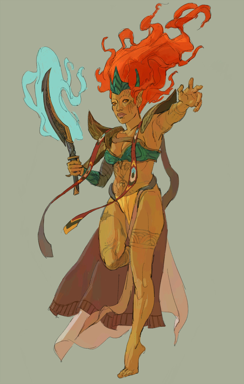 1girl, almalexia, arm_tattoo, armor, barefoot, blue_fire, boobplate, bracer