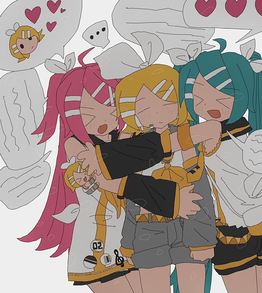 3girls, arm_warmers, blonde_hair, blue_hair, bow, hair_ornament, hairclip, hatsune_miku
