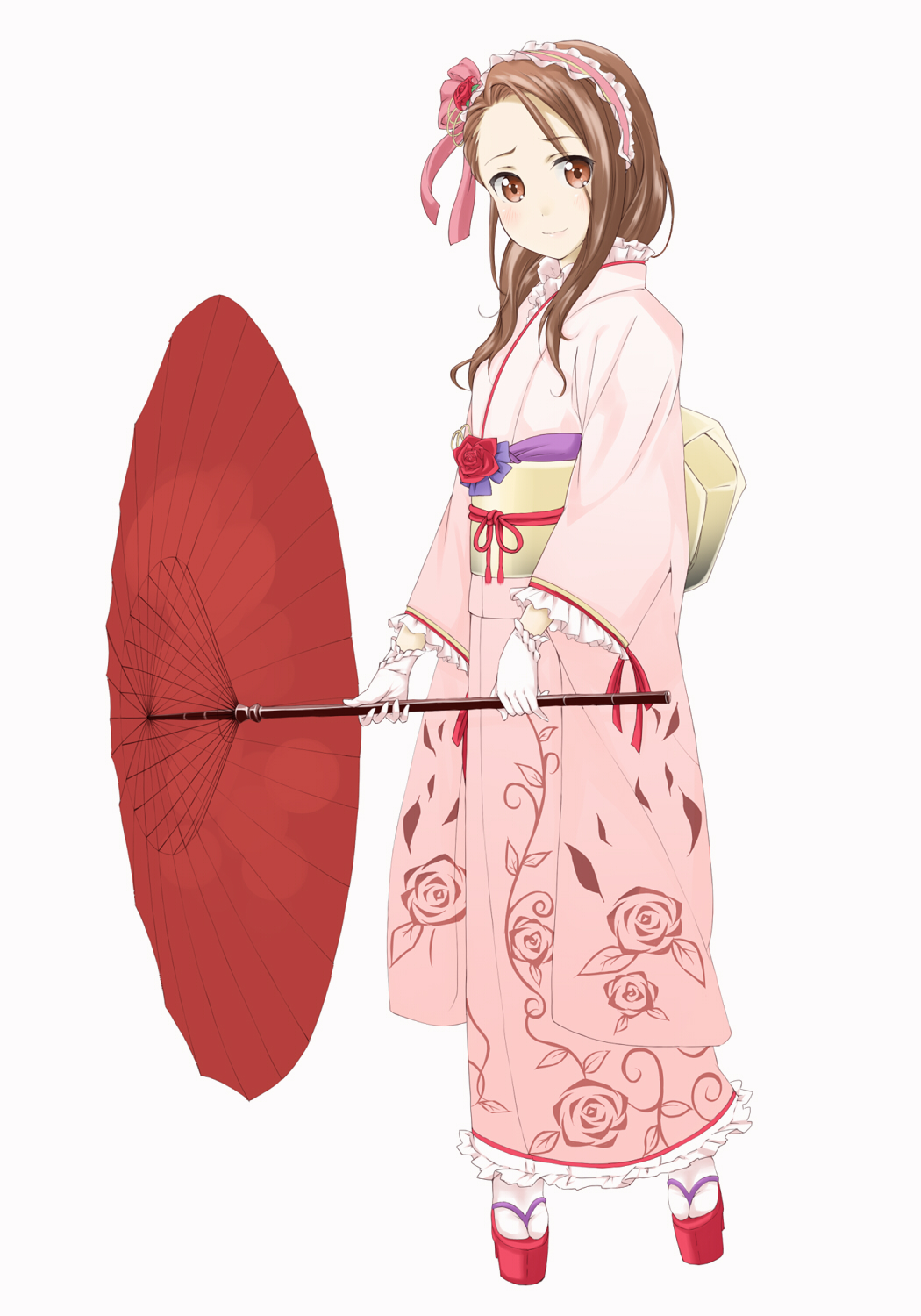 1girl, aoi2410, brown_eyes, brown_hair, female_focus, flower, geta, headdress