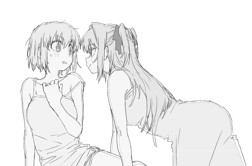 2girls, blush, camisole, dress, eye_contact, greyscale, hair_ribbon, highres