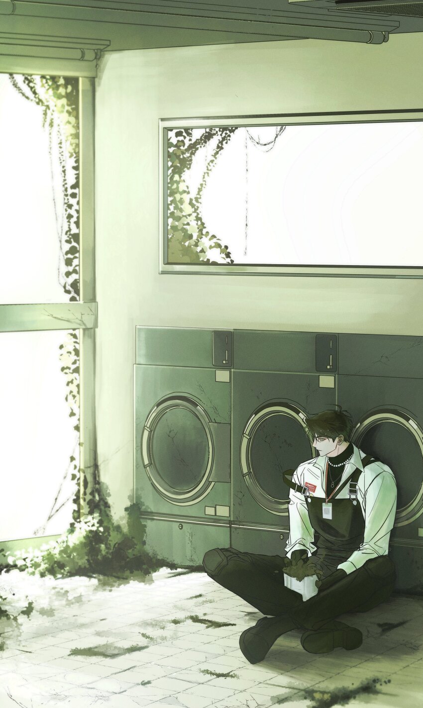 1boy, 4littlemore, abandoned, absurdres, black_gloves, black_hair, black_overalls, black_pants