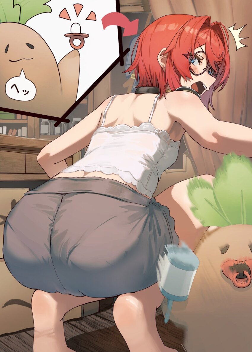 1girl, ange_katrina, ass, ass_focus, bare_shoulders, barefoot, blue_eyes, breasts