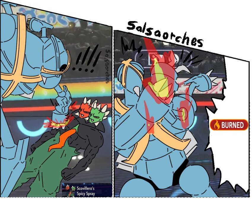 !, !!, artist_name, burning, claws, dragon_ball, dragon_ball_super, fighting, gameplay_mechanics, looking_at_another, mega_metagross, mega_pokemon, mega_scovillain, meme, meme_request, metagross, muscular, pain, parody, pokemon, pokemon_(creature), pokemon_champions, pun, punching, salsaorches, scovillain