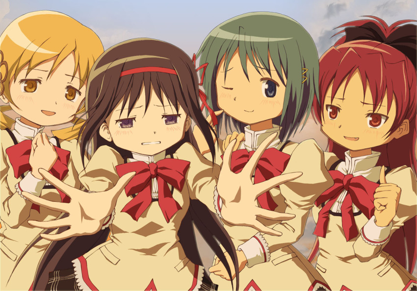 10s, 4girls, aikawa_yousuke, akemi_homura, black_hair, blonde_hair, blue_eyes, blue_hair, drill_hair, hair_ornament, hair_ribbon, hairclip, long_hair, mahou_shoujo_madoka_magica, mahou_shoujo_madoka_magica_(anime), miki_sayaka, multiple_girls, official_style, one_eye_closed, plaid_clothes, plaid_skirt, pleated_skirt, ponytail, purple_eyes, red_hair, ribbon, sakura_kyoko, school_uniform, short_hair, skirt, smile, tears, tomoe_mami, wink, yellow_eyes