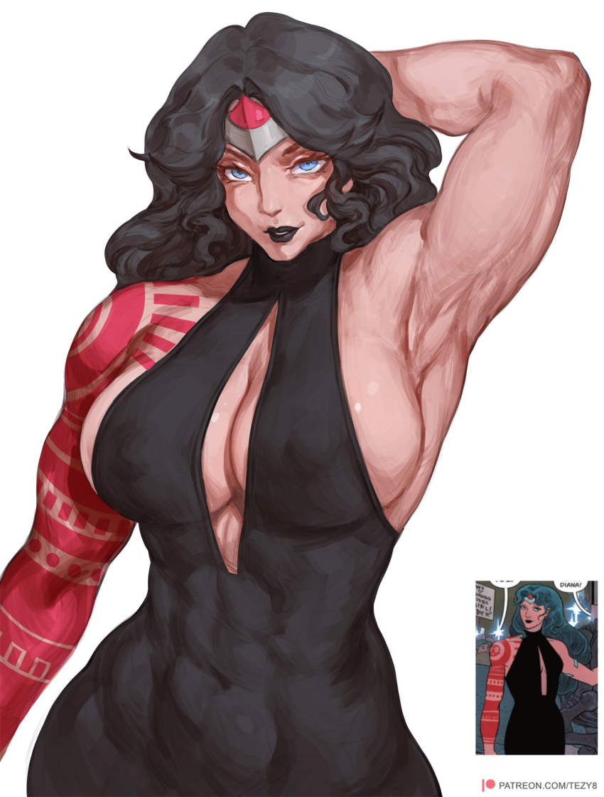 1girl, abs, absolute_dc, absolute_wonder_woman, amazon_warrior, arm_tattoo, arm_up, armpits, arms_behind_head, artist_name, biceps, black_dress, black_hair, black_lips, blue_eyes, breasts, cleavage, dc_comics, dress, highres, long_hair, looking_at_viewer, muscular, muscular_female, red_tattoo, reference_inset, sideboob, sleeveless, sleeveless_dress, tattoo, tattoo_sleeve, tezy8art, tiara, wonder_woman_(absolute_dc)