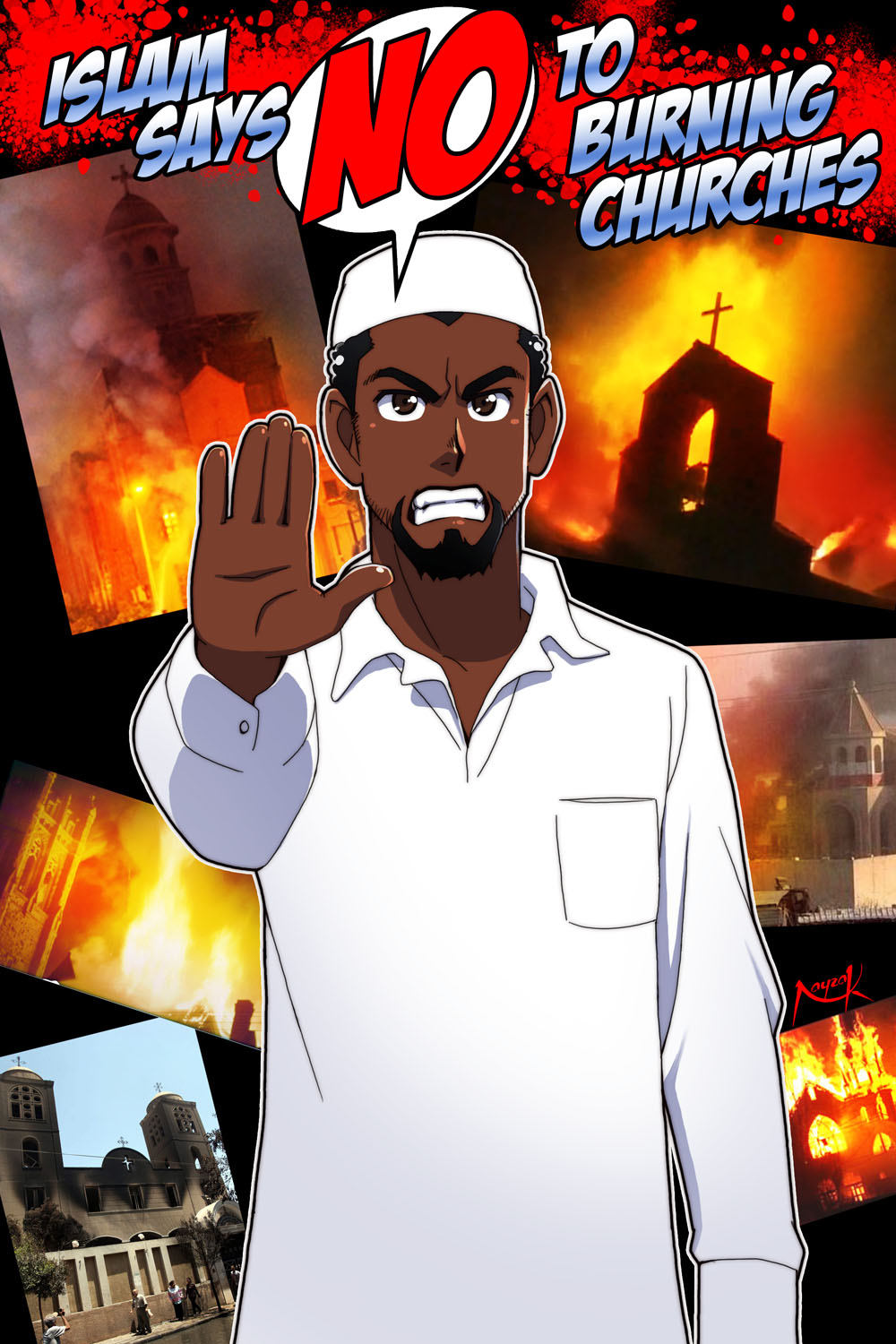 1boy, angry, arabic_commentary, arch, arson, beard, black_background, black_eyes, black_facial_hair, black_hair, building, burning, burning_building, burnt, church, clenched_teeth, collage_background, collared_robe, commentary, conical_roof, cross, dark-skinned_male, dark_skin, day, english_commentary, facial_hair, fire, furrowed_brow, gradient_text, hat, highres, islam, latin_cross, looking_at_viewer, male_focus, nayzak_al-hilali, night, open_mouth, original, outdoors, outline, people, photo_background, real_world_location, robe, short_hair, skullcap, smoke, steeple, taqiyah, teeth, terrorism, thobe, tree, upper_body, very_dark_skin, white_hat, white_outline, white_robe