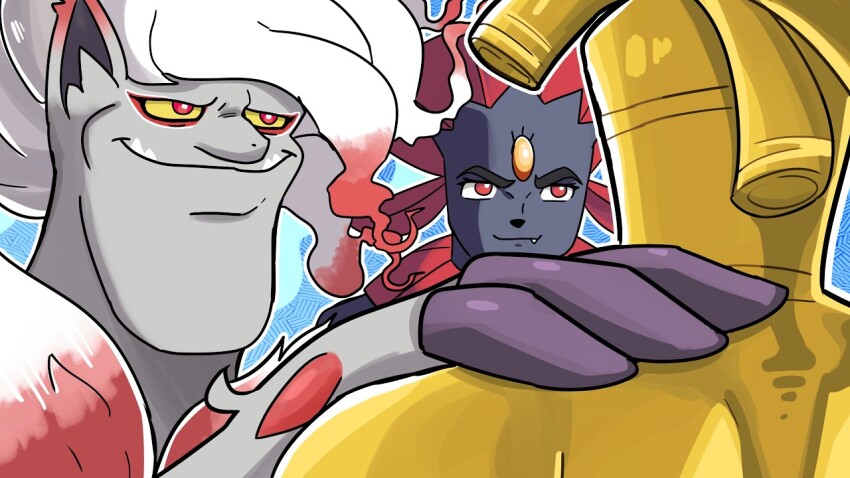 3boys, akakichi_no_eleven, akakichi_no_eleven_redraws, animal_ears, blue_background, closed_mouth, colored_sclera, fang