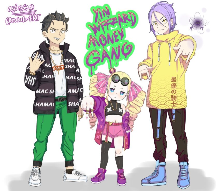 1girl, 2boys, \m/, asymmetrical_legwear, belt, black_belt, black_jacket, black_pants, black_socks, black_thighhighs, blonde_hair, blue_eyes, blue_shoes, cross, cross_necklace, cross_pasties, crown, dated, drill_hair, drip_(meme), english_text, eyewear_on_head, gang_sign, green_pants, grin, hair_between_eyes, hair_ribbon, heart, heart-shaped_pupils, hood, hoodie, jacket, jewelry, julius_juukulius, long_hair, looking_at_viewer, meme, midriff, mini_crown, multiple_boys, multiple_rings, natsuki_subaru, navel, necklace, open_belt, open_clothes, open_jacket, pants, pasties, pink_ribbon, pink_shoes, pink_shorts, purple_hair, purple_jacket, purple_shoes, re:zero_kara_hajimeru_isekai_seikatsu, ribbon, ring, robalo, shadow_wizard_money_gang_(meme), shoes, shorts, smile, sneakers, socks, symbol-shaped_pupils, thighhighs, twin_drills, twitter_username, typo, watch, white_background, white_shoes, yellow_eyes, yellow_hoodie