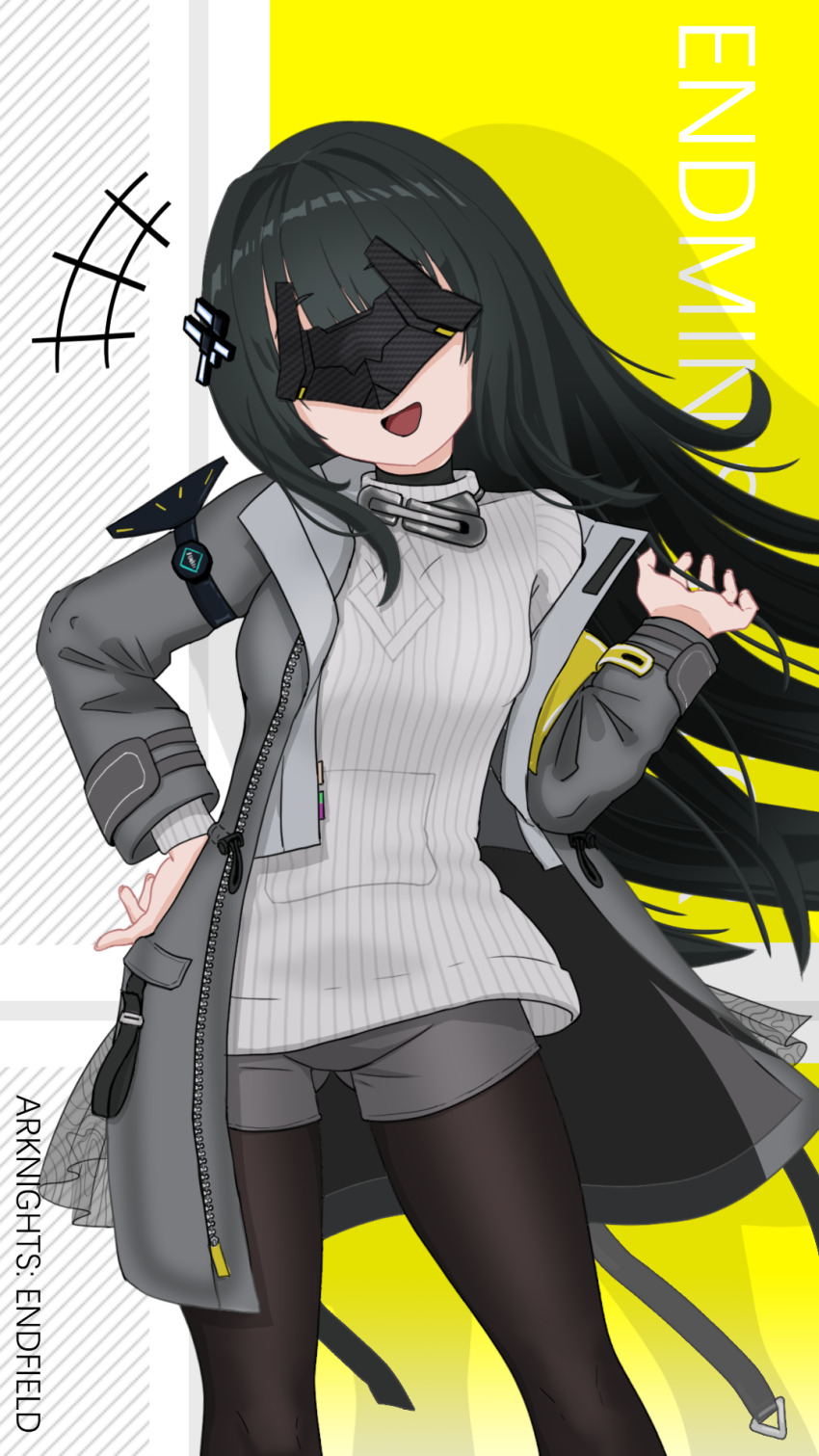 +++, 1girl, alternate_hair_length_(longer), arknights, arknights:_endfield, black_hair, black_pantyhose, character_name