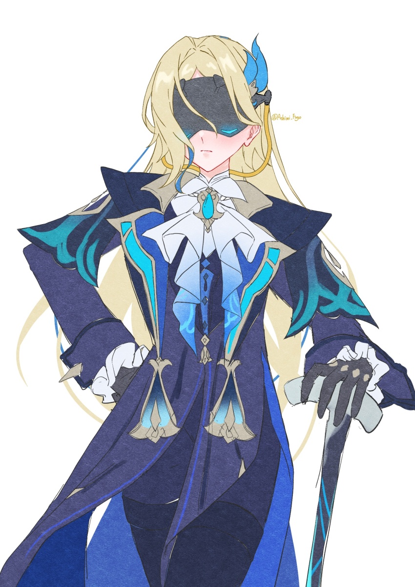1girl, ashimi_fugo, black_gloves, black_pants, blindfold_mask, blonde_hair, blue_coat, cane