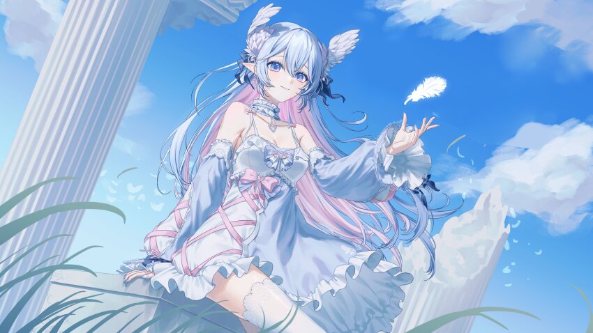 1girl, absurdres, bare_shoulders, blue_bow, blue_dress, blue_eyes, blue_hair, blue_ribbon, blue_sky, blue_sleeves, bow, breasts, choker, cleavage, cloud, colored_inner_hair, day, detached_sleeves, dress, feathered_wings, feathers, frilled_choker, frilled_dress, frills, hair_ribbon, head_wings, highres, indie_virtual_youtuber, kosame_kkk, long_hair, long_sleeves, looking_at_viewer, medium_breasts, multicolored_hair, ninette_(vtuber), outdoors, pillar, pink_bow, pink_hair, pointy_ears, puffy_detached_sleeves, puffy_sleeves, ribbon, sitting, sky, sleeveless, sleeveless_dress, smile, solo, spaghetti_strap, thighhighs, white_feathers, white_thighhighs, white_wings, wings