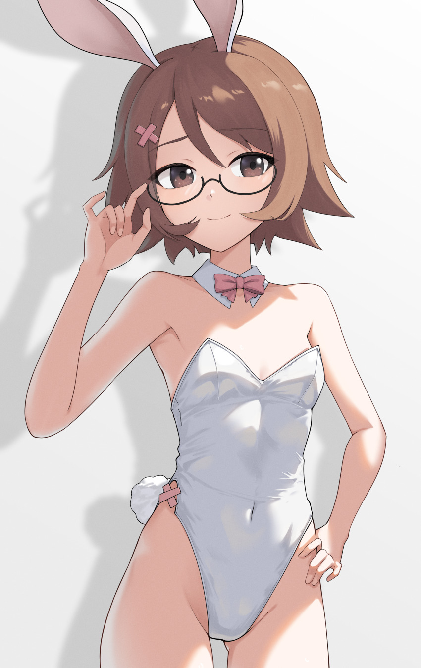 1girl, absurdres, animal_ears, black-framed_eyewear, bow, bowtie, breasts, brown_eyes