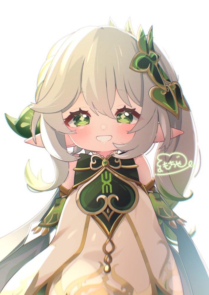 1girl, bare_shoulders, blush, commentary_request, cross-shaped_pupils, detached_sleeves, dress, gem