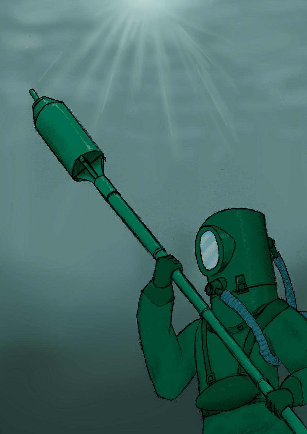 androgynous, aruku_tangyorai, chinese_zodiac, diving_suit, dragon_(chinese_zodiac), explosive, fukuryuu, gender_request, gradient_background, highres, imperial_japanese_navy, military, mine_(weapon), ocean, pole, pun, solo, underwater, weapon, world_war_ii