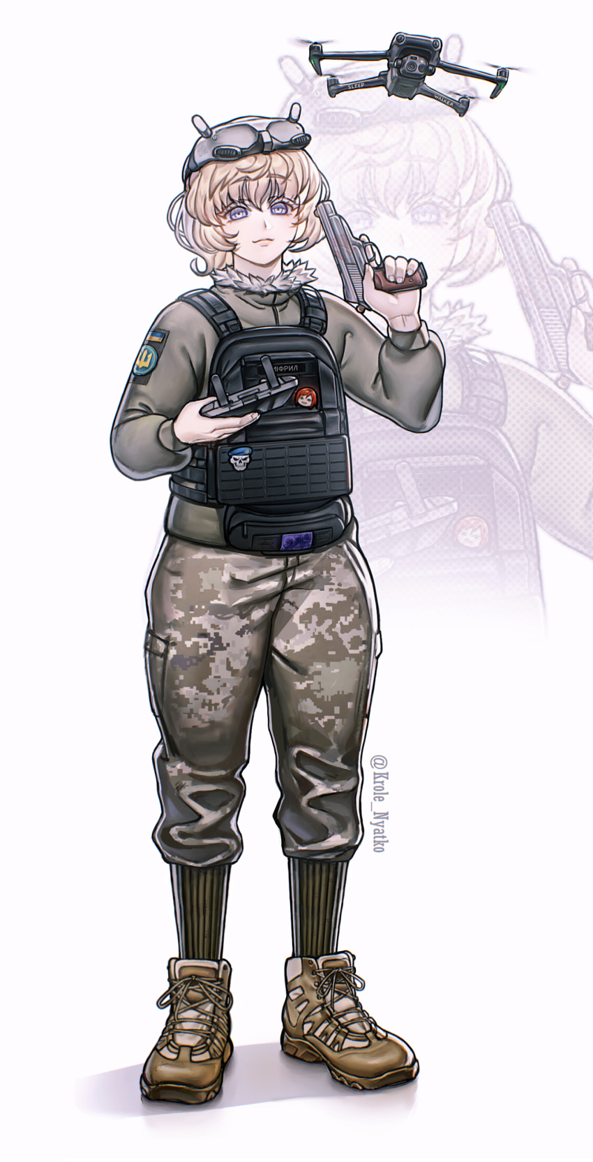 1girl, 35th_marine_brigade, absurdres, blonde_hair, body_armor, callsign, camouflage, camouflage_pants