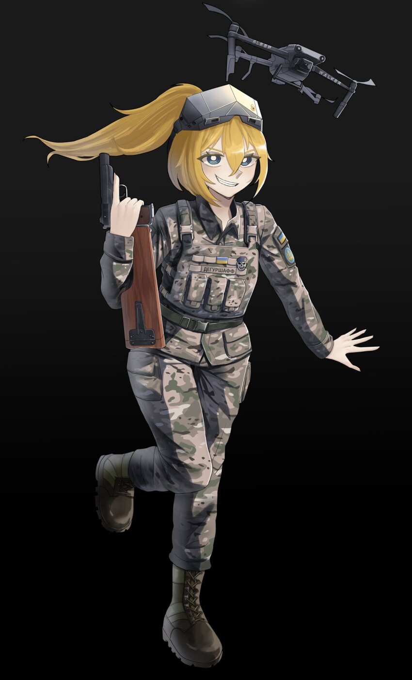1girl, 35th_marine_brigade, blue_eyes, body_armor, boots, callsign, camouflage, camouflage_jacket