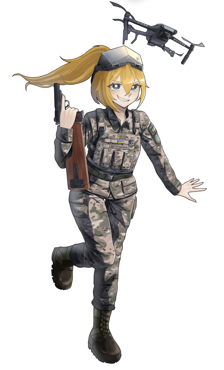 1girl, 35th_marine_brigade, absurdres, blue_eyes, body_armor, boots, callsign, camouflage