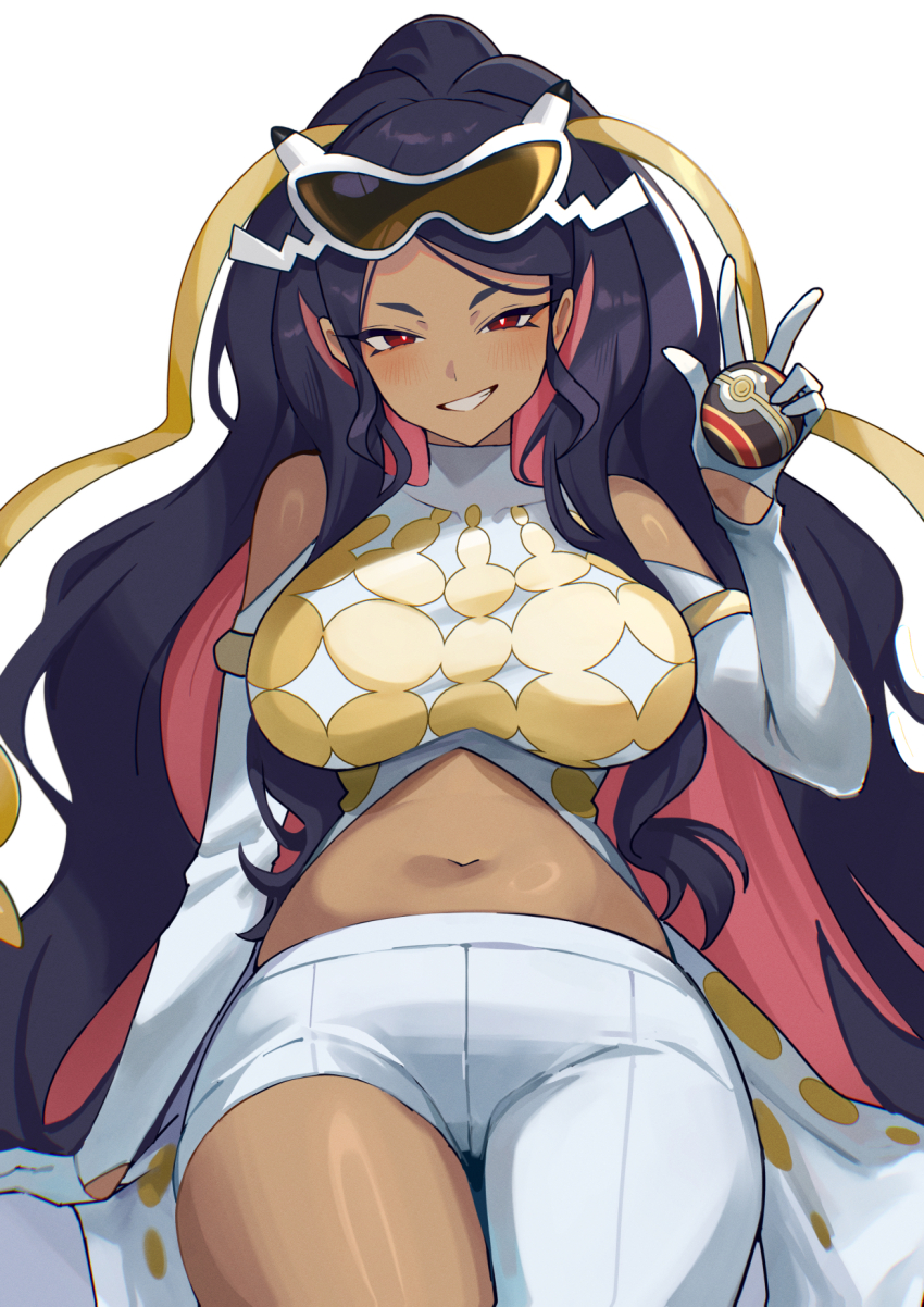 1girl, alcoholrang, black_hair, breasts, caraway_(pokemon), commentary, eyewear_on_head, gloves