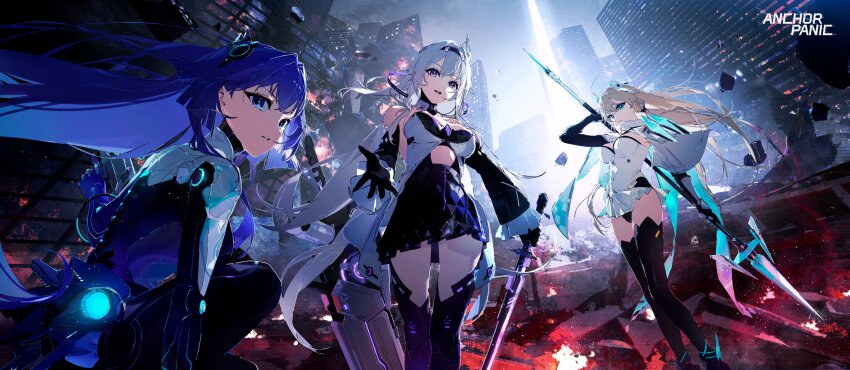 3girls, absurdres, adenie_(anchor_panic), alicia_(anchor_panic), anchor_panic, aqua_eyes, armor, armored_bodysuit