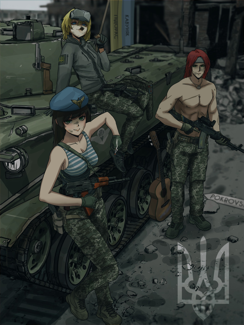 1boy, 2girls, 35th_marine_brigade, absurdres, acoustic_guitar, ak-74, an-94, assault_rifle, bad_tag, black_hair, blonde_hair, blue_eyes, blue_hat, bmd-2, boots, breasts, camouflage, camouflage_jacket, camouflage_pants, candy, chalk_drawing, chocolate, chocolate_bar, cigarette, collarbone, commission, commissioner_upload, dgkamikaze, digital_camouflage, dirty, dirty_face, eating, flag_writing, food, food_in_mouth, from_above, full_body, green_eyes, green_pants, grey_hairband, grey_jacket, guitar, gun, gun_sling, gunshot_scar, hairband, handgun, hat, head-mounted_display, highres, holding, holding_chocolate, holding_cigarette, holding_food, holster, holstered, hood, hooded_jacket, instrument, jacket, jewelry, kalashnikov_rifle, kenneth_del_duca, leaning_on_object, leaning_on_vehicle, long_hair, looking_at_viewer, medium_breasts, military, military_uniform, military_vehicle, motor_vehicle, multiple_girls, necklace, original, pants, quadcopter, red_hair, rifle, russo-ukrainian_war, sasha_shoshnikova, scar, scar_on_arm, scar_on_chest, shirt, sitting, smile, smug, soldier, stechkin_aps, striped_clothes, striped_shirt, tactical_gloves, tanya_degurechaff, tanya_degurechaff_(sleepwalker), telnyashka, thigh_holster, tryzub, ukraine, ukrainian_flag, ukrainian_ground_forces, ukrainian_insurgent_army_flag, ukrainian_marine_corps, ukrainian_text, ukrainian_vdv, unit_patch, unworn_jacket, weapon, weapon_writing, youjo_senki