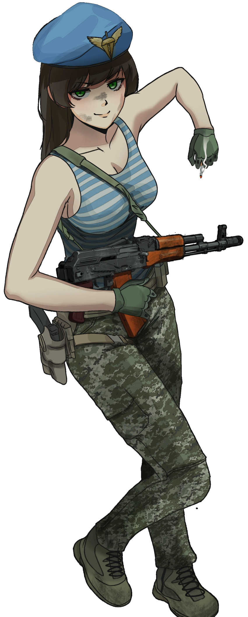 1girl, absurdres, assault_rifle, bad_tag, beret, black_hair, blue_hat, boots