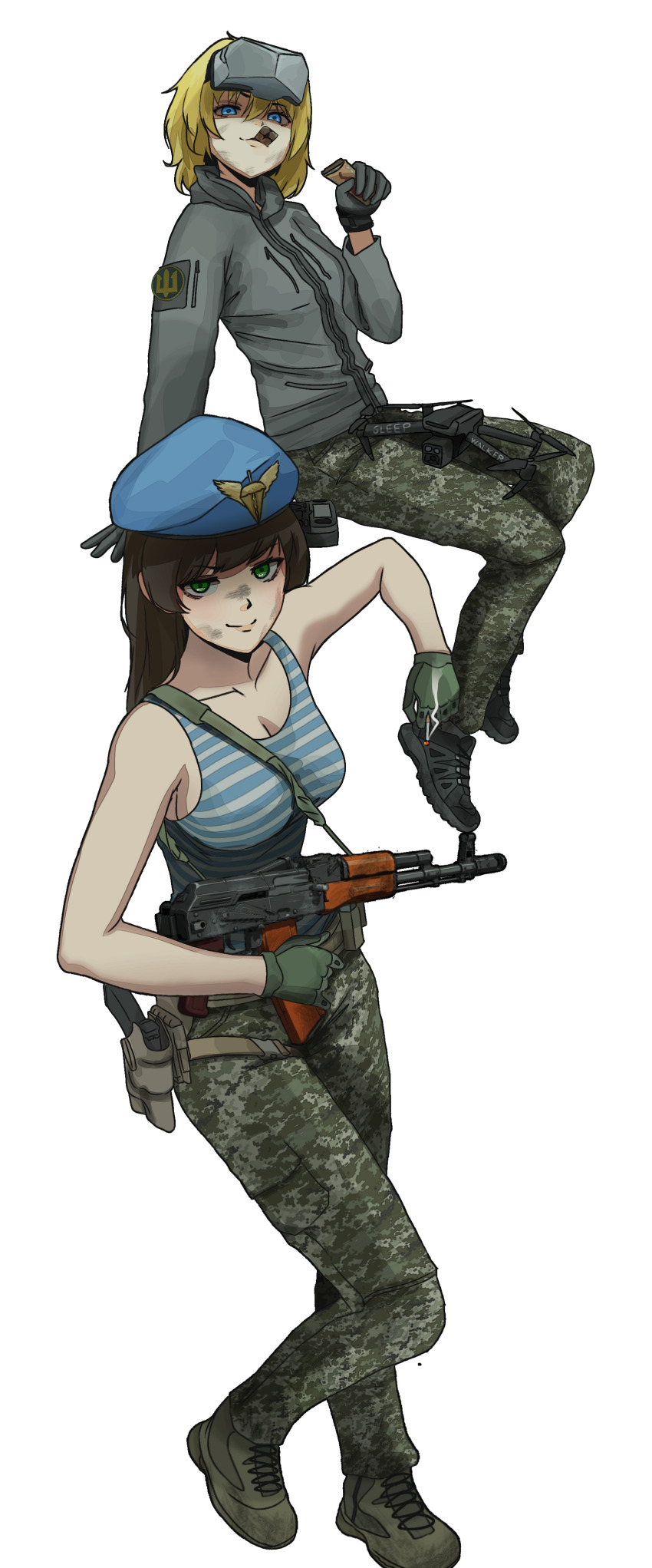 2girls, 35th_marine_brigade, absurdres, assault_rifle, bad_tag, beret, black_hair, black_shoes
