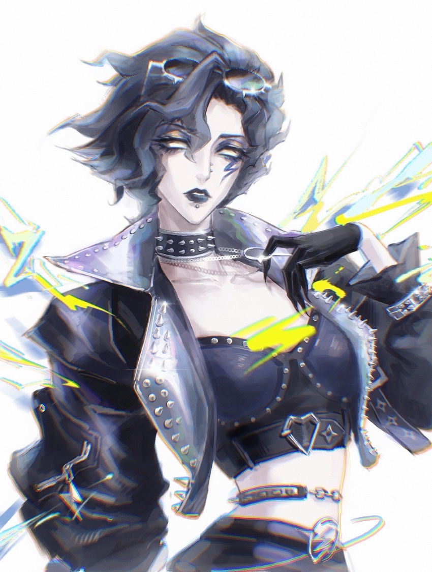 1girl, black_gloves, black_hair, chinese_commentary, collar, commentary_request, gloves, highres