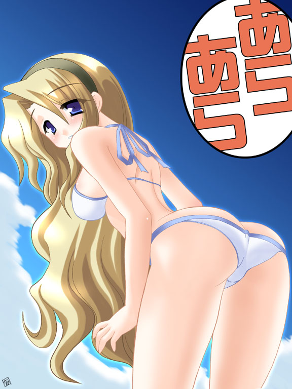 1girl, ass, bent_over, bikini, blonde_hair, blue_eyes, blush, butt_crack