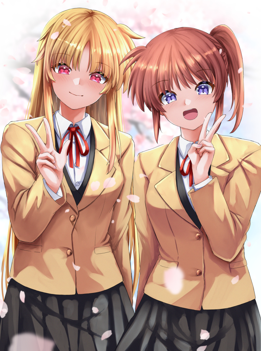2girls, :d, black_skirt, blonde_hair, blurry, blurry_background, blurry_foreground, brown_hair